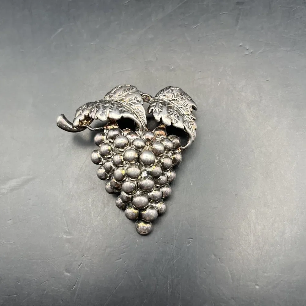 Silver Tone Grape Bunch Brooch Pin Pendant Cluster Signed MJ Marie Jennifer